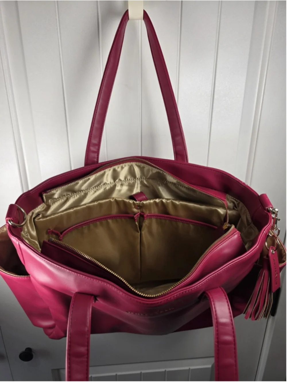 White Elm Aquila Tote Bag Fuchsia Pink Vegan Leather Laptop Work Travel Bag Read